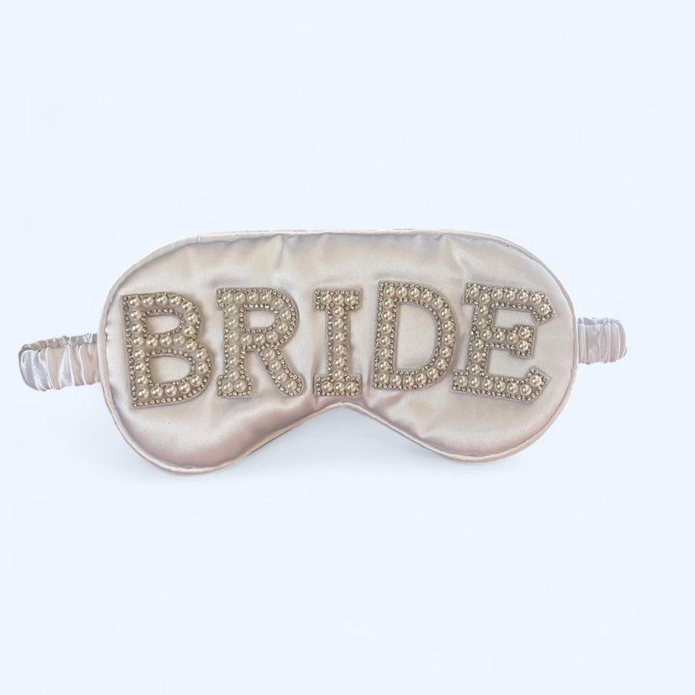 White satin sleep mask with 'BRIDE' in‎ rhinestones